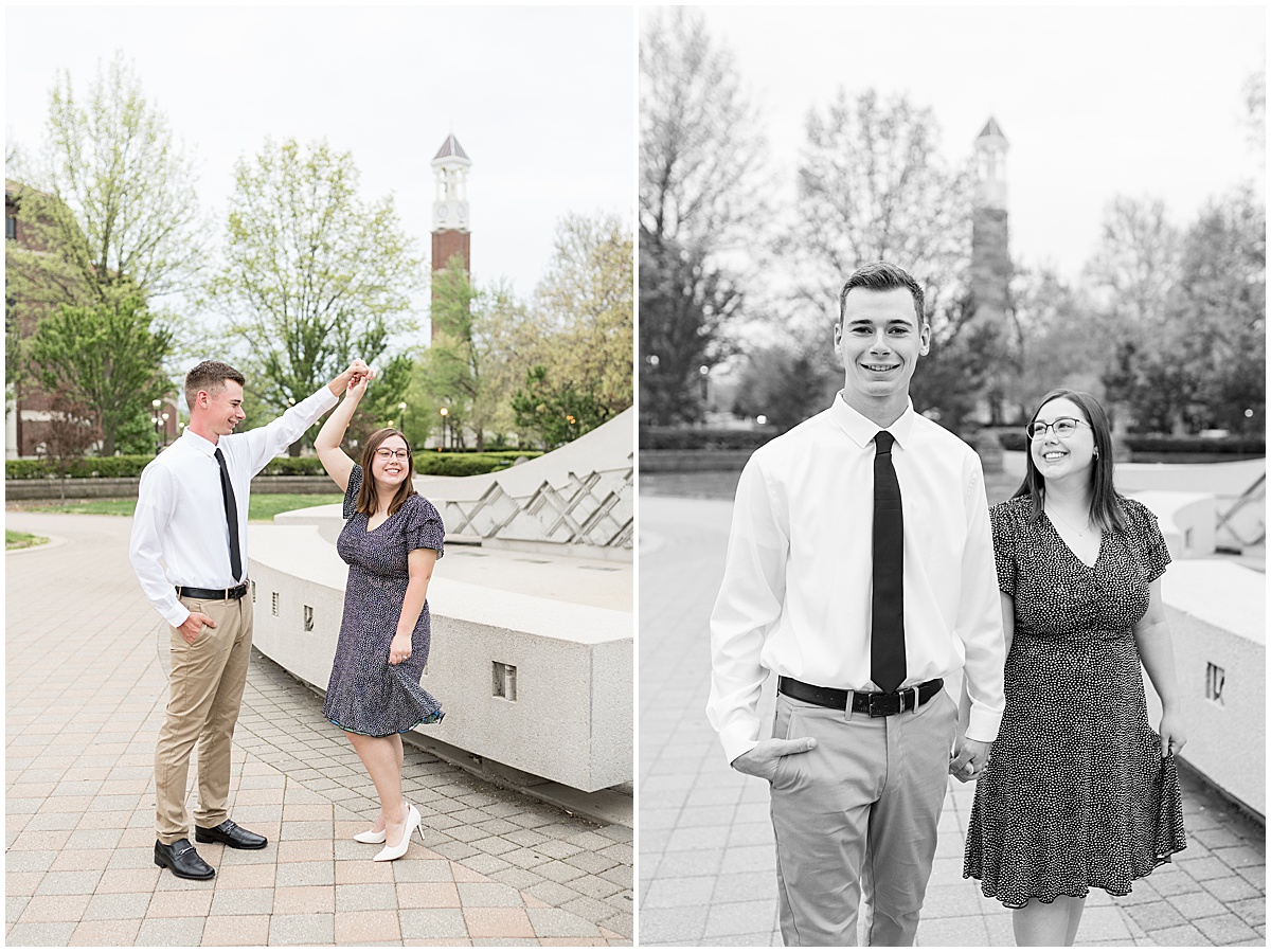 Couple dancing at engagement and graduation photos at Purdue University with the Belltower