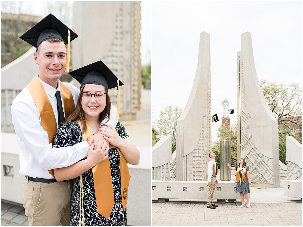 Couple hugging for engagement and graduation photos at Purdue University by Purdue's Engineering Fountain