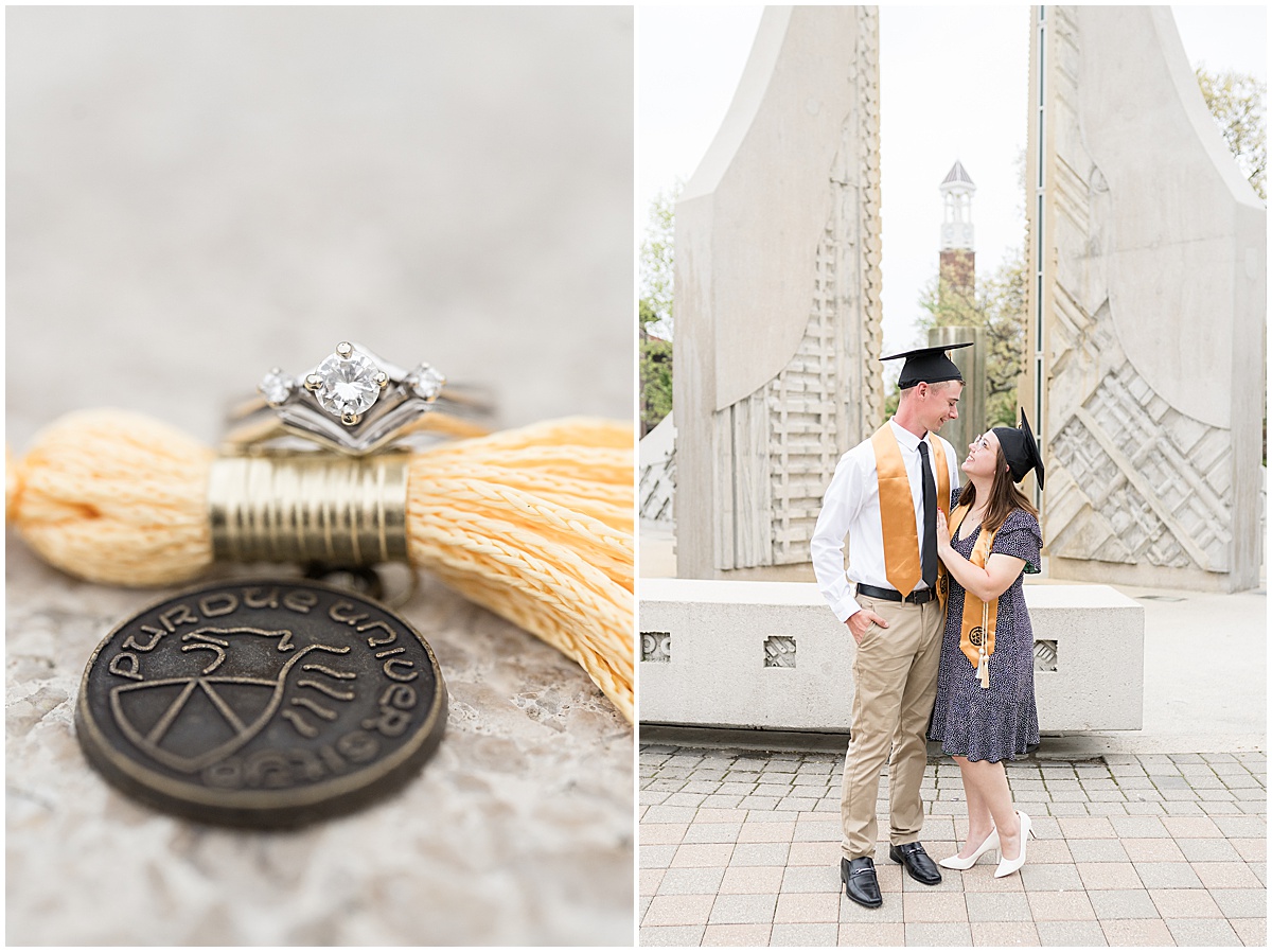 Ring detail for engagement and graduation photos at Purdue University by Purdue's Engineering Fountain