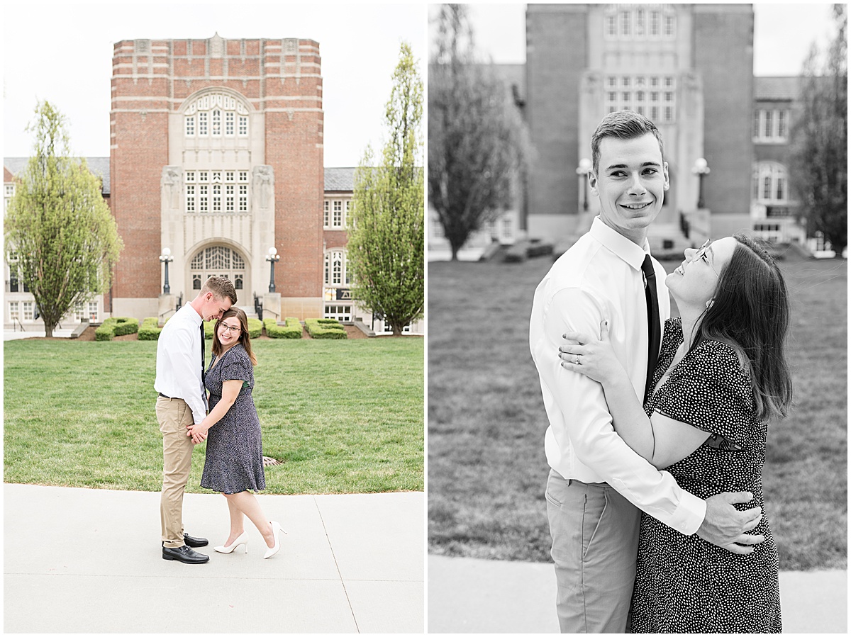 Couple hold hands during graduation photos at Purdue University in front of the Purdue Memorial Union