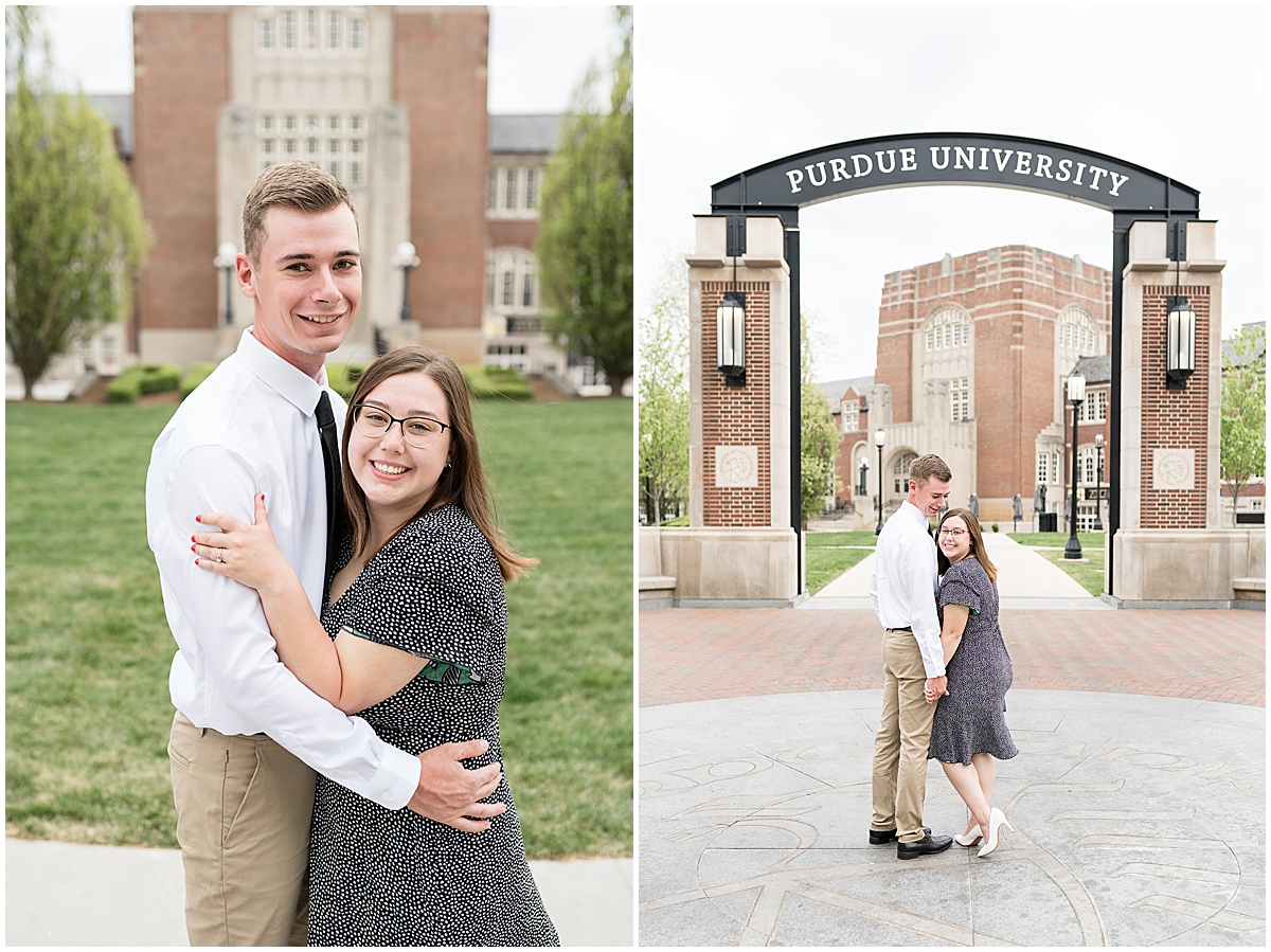 engagement and graduation photos at Purdue University in front of Purdue Arch
