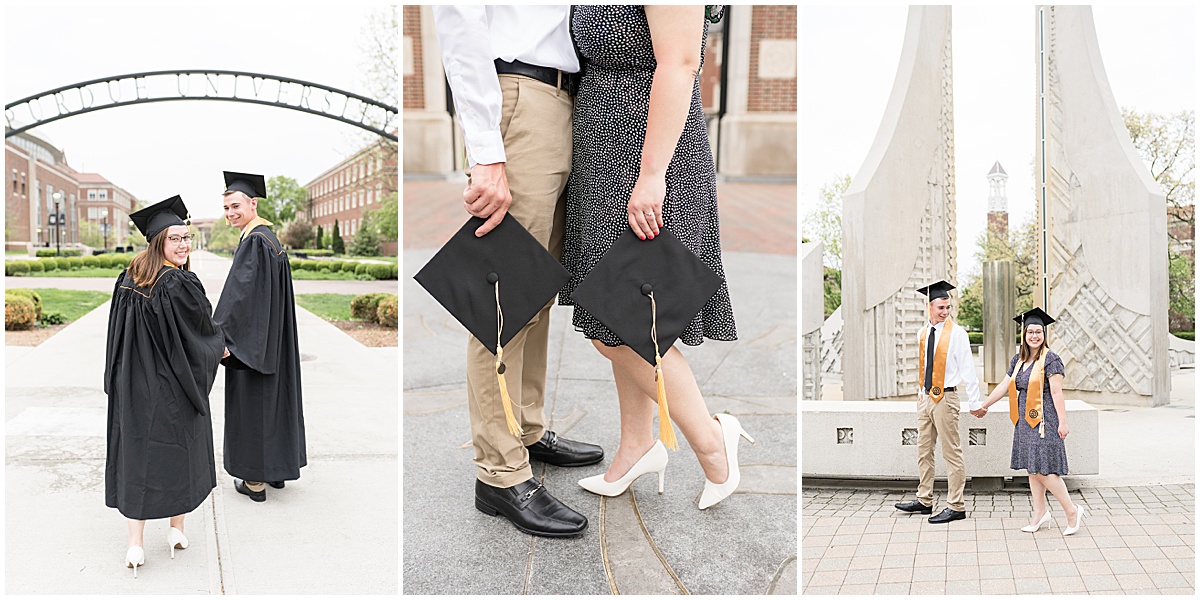 Couple in cap and gown enjoying engagement and graduation photos at Purdue University in front of Purdue Arch
