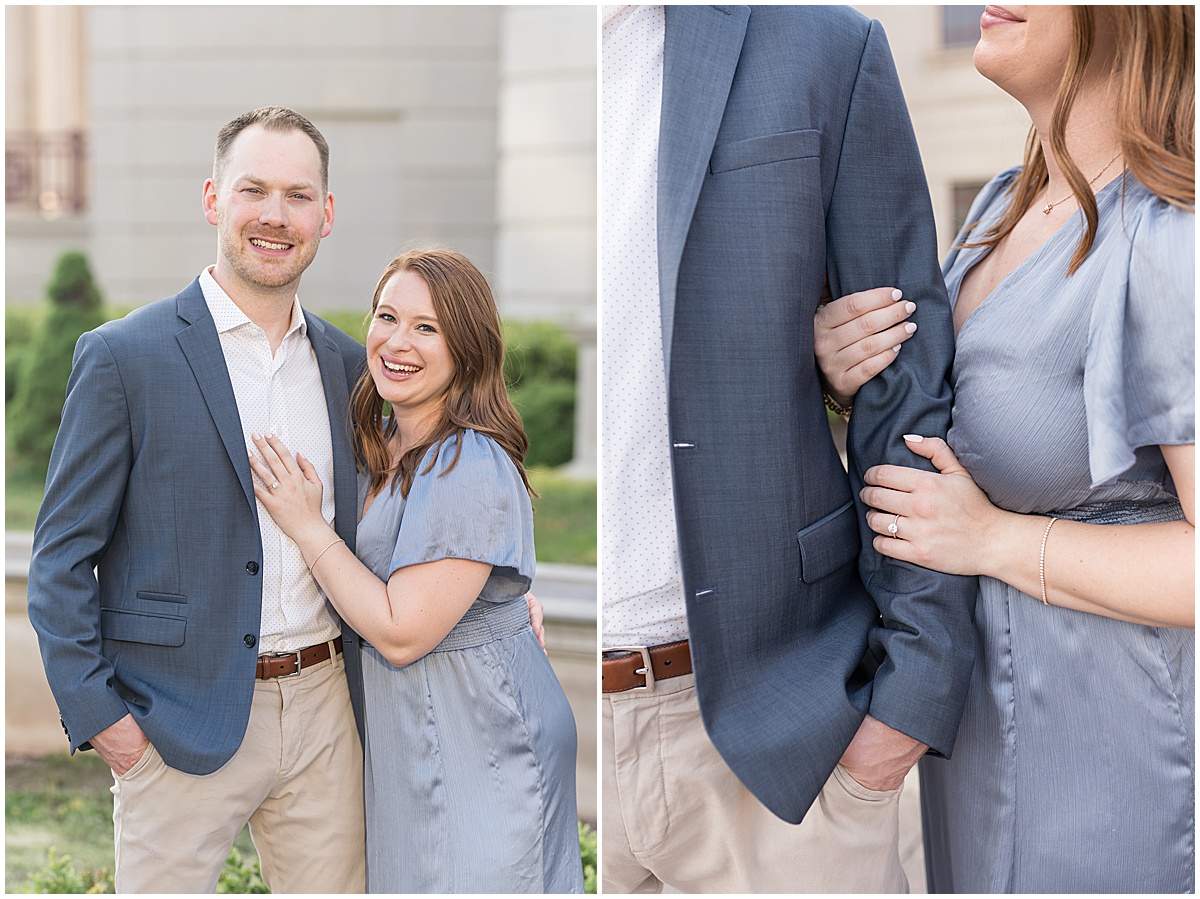 Couple hold hands during engagement photos at The Palladium in Carmel, Indiana