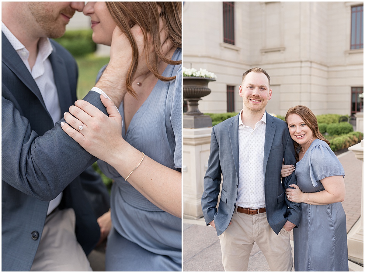 Couple embrace during engagement photos at The Palladium in Carmel, Indiana