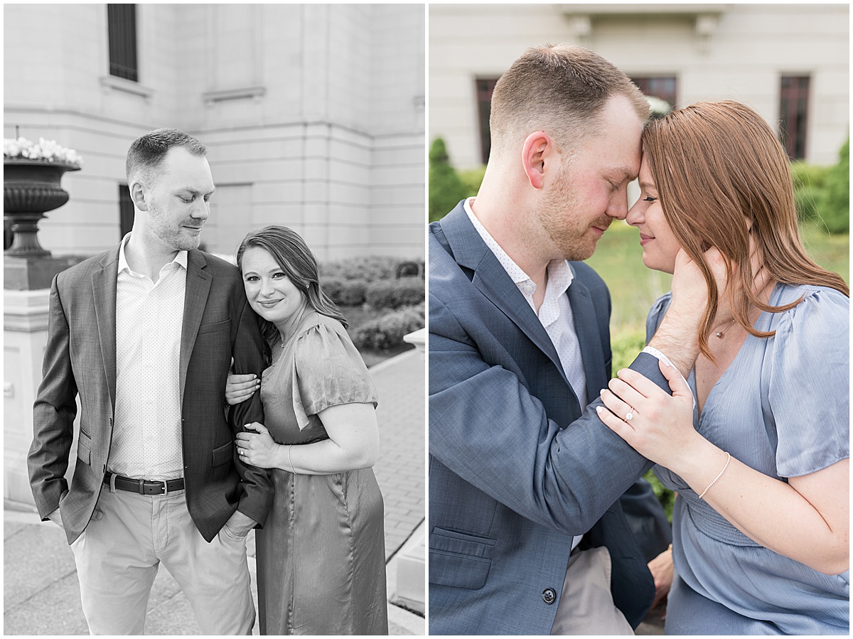 Couple touch foreheads during engagement photos at The Palladium in Carmel, Indiana