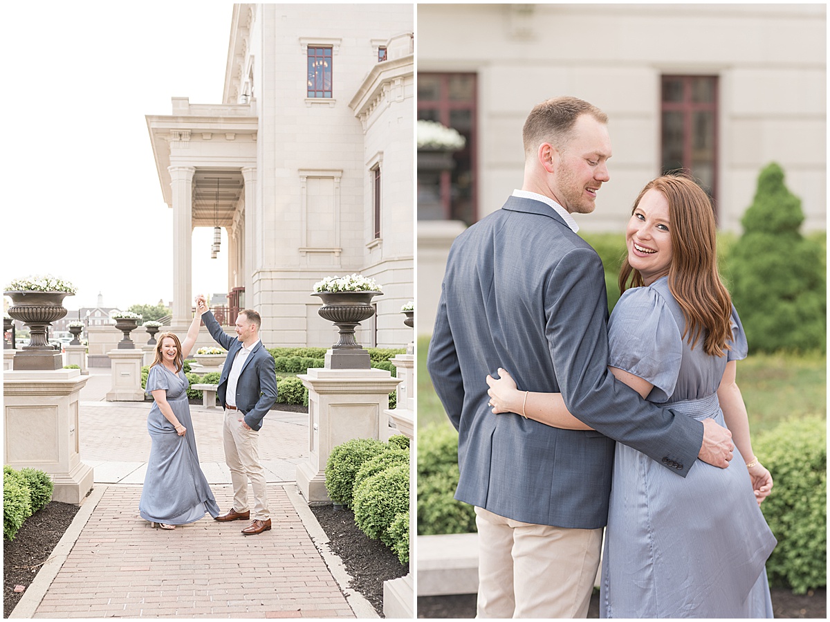 Couple dancing during engagement photos at The Palladium in Carmel, Indiana