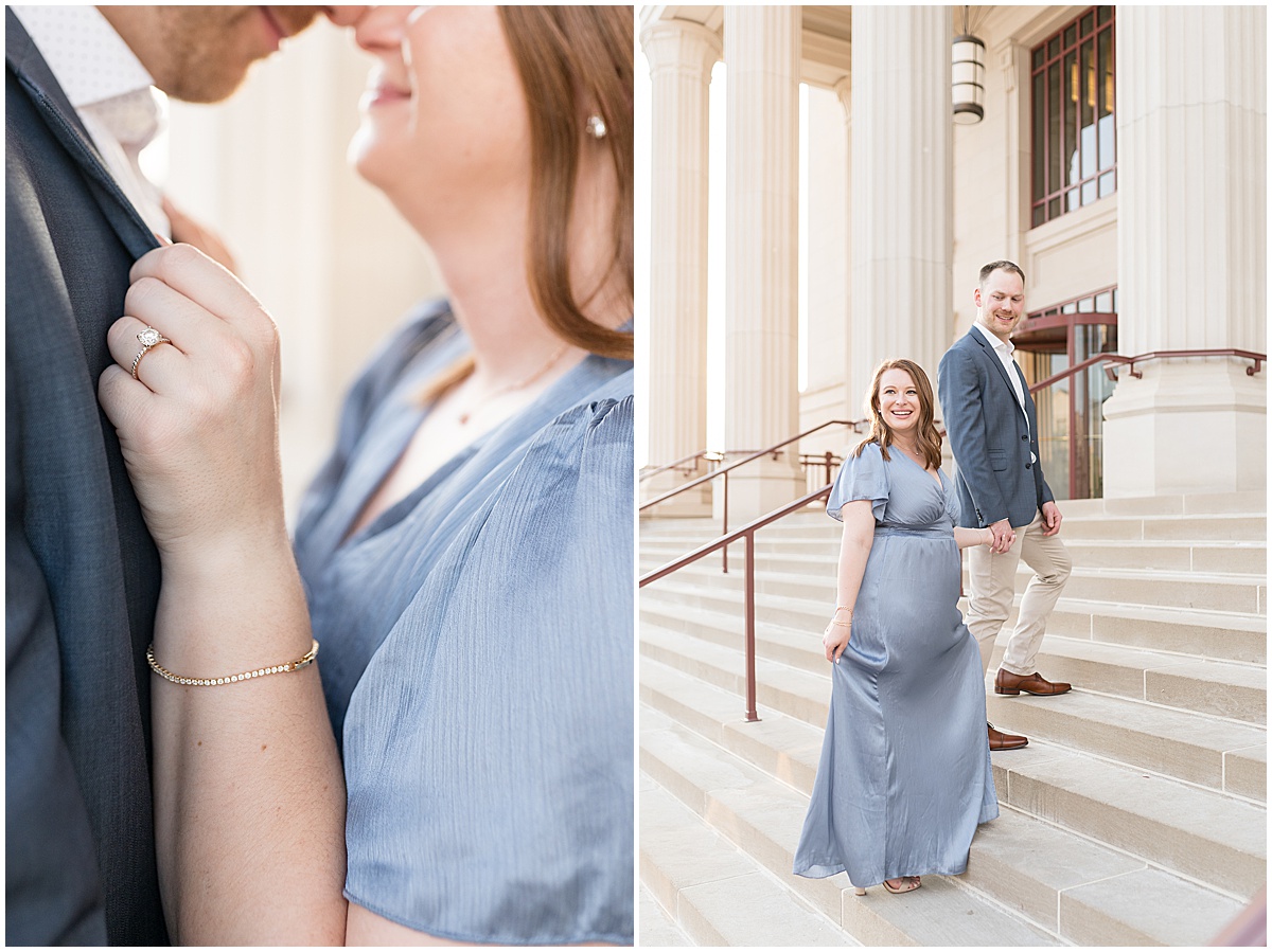 Couple walk up steps during engagement photos at The Palladium in Carmel, Indiana