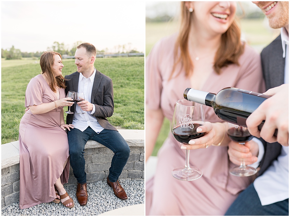 Couple pouring wine during engagement photos at Urban Vines in Carmel, Indiana