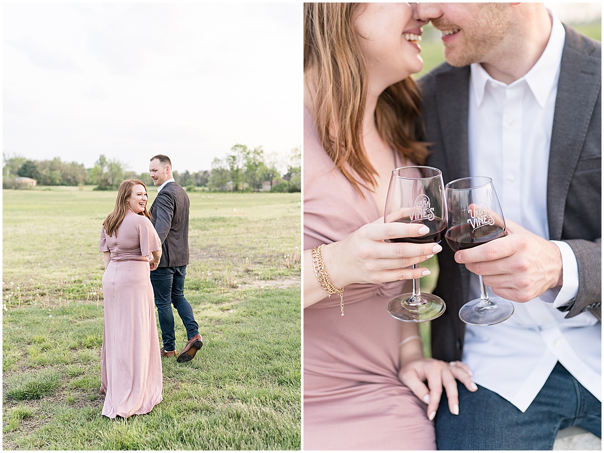 Couple cheering with wine during engagement photos at Urban Vines in Carmel, Indiana