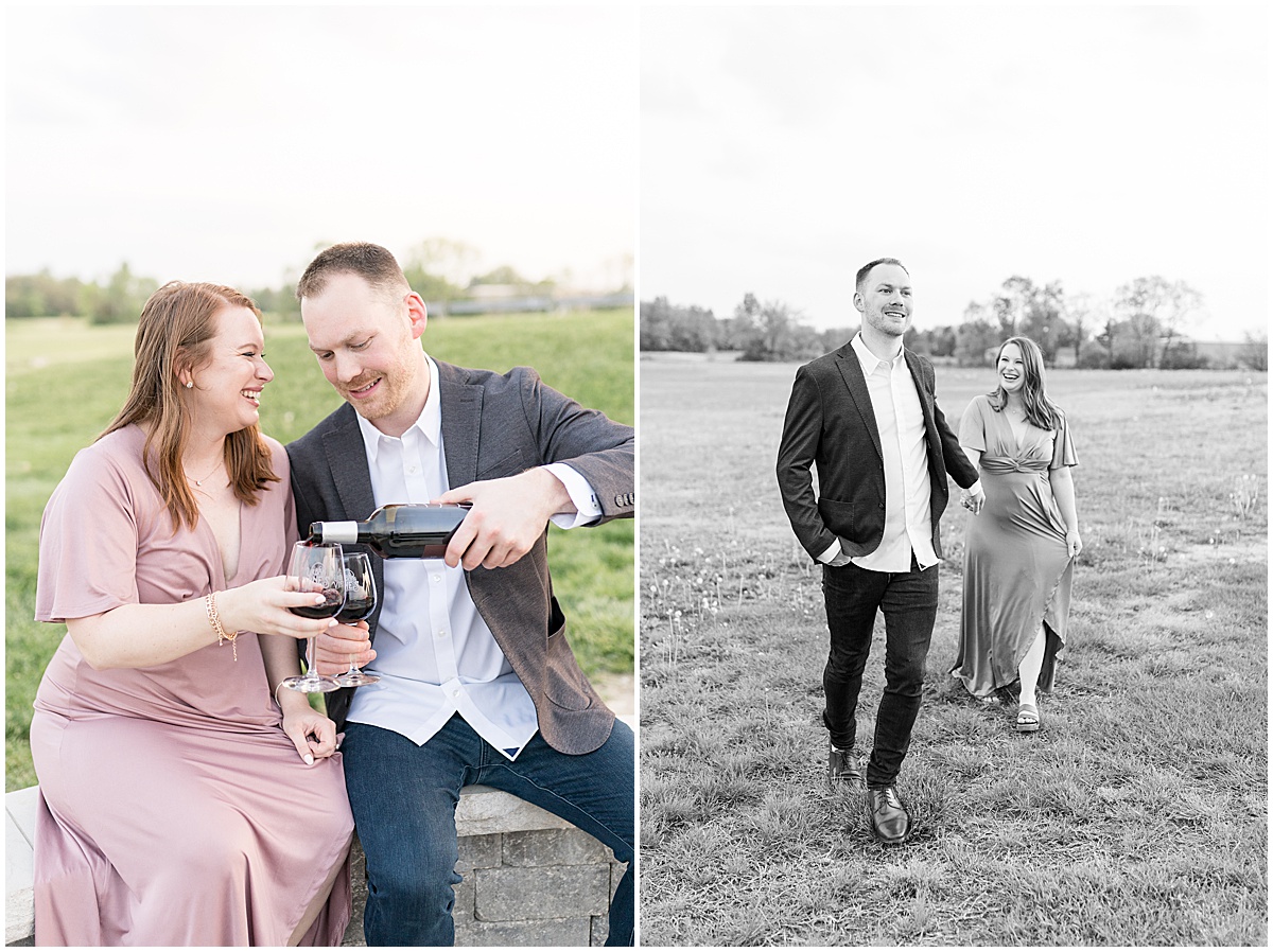 Couple celebrating engagement with wine during engagement photos at Urban Vines in Carmel, Indiana
