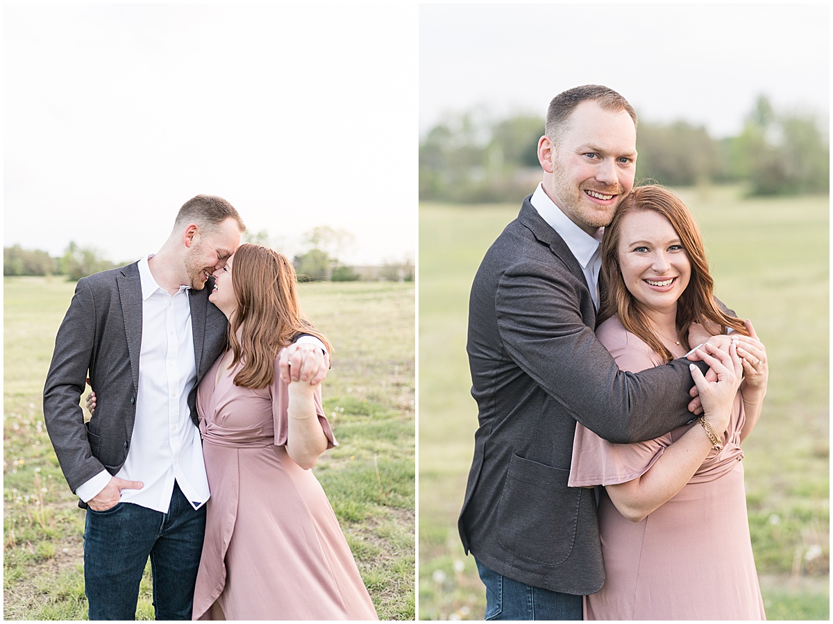 Couple hugging during engagement photos at Urban Vines in Carmel, Indiana
