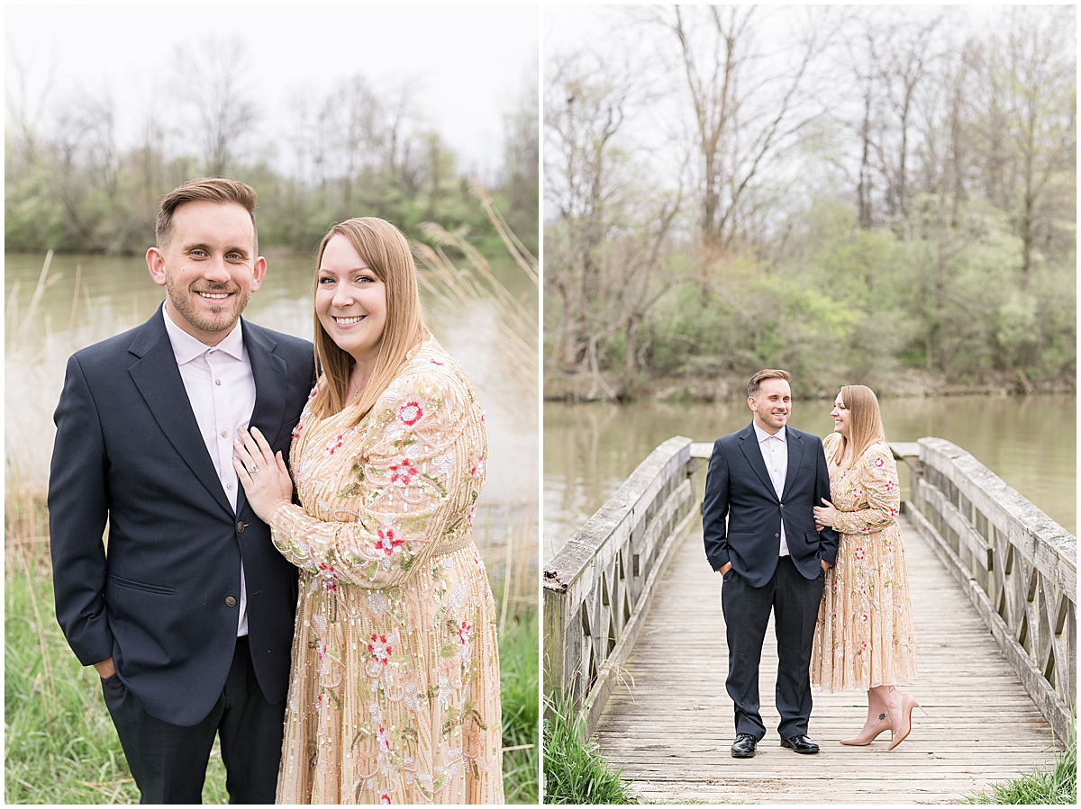 Couple standing together on dock during engagement photos at Wildcat Creek Reservoir Park in Kokomo, Indiana