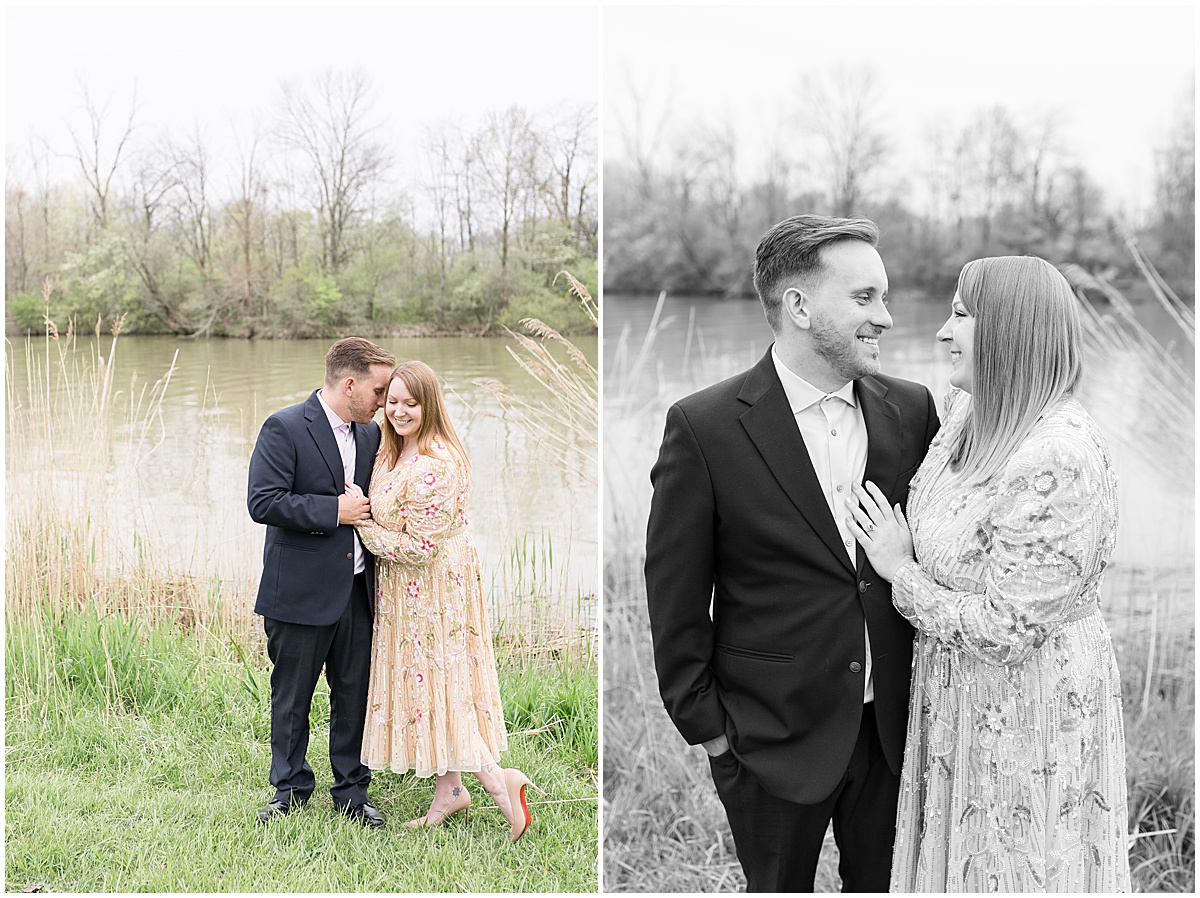 Couple holding each other close in engagement photos at Wildcat Creek Reservoir Park in Kokomo, Indiana
