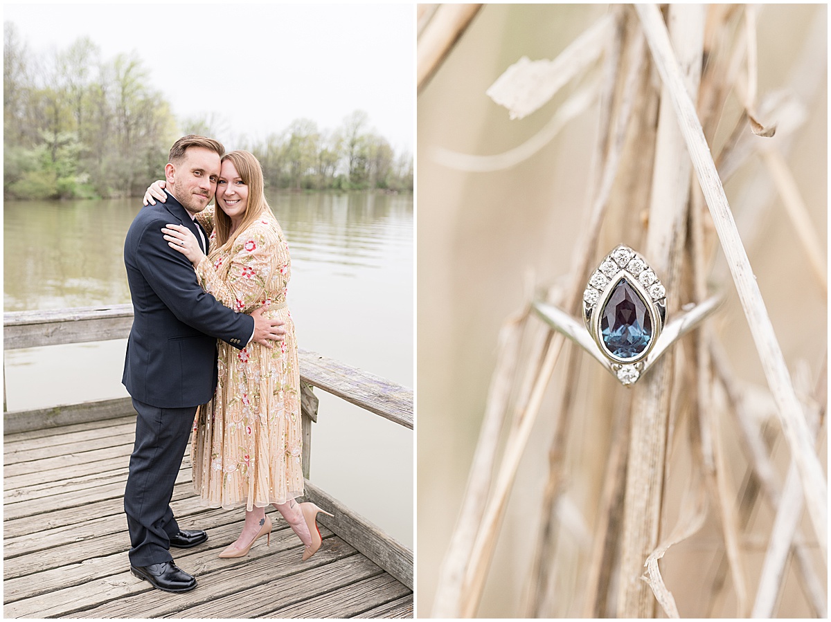 Engagement ring detail during engagement photos at Wildcat Creek Reservoir Park in Kokomo, Indiana