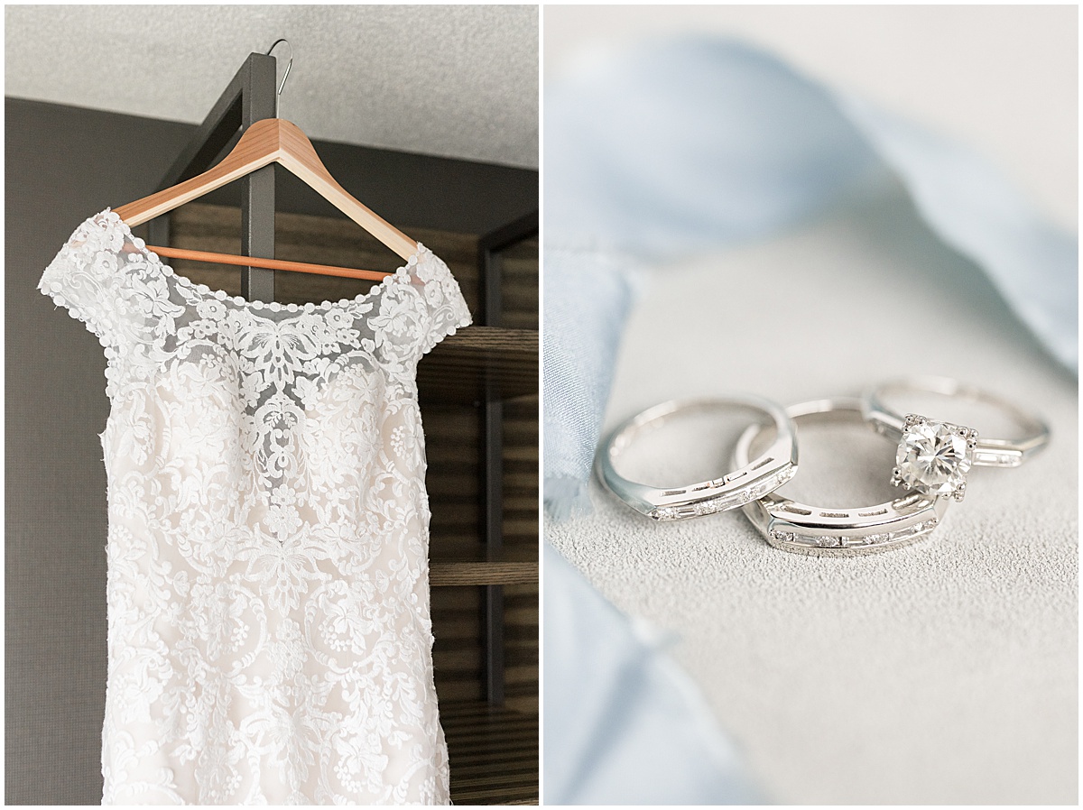 Wedding dress and rings for bride getting ready at Marriott North Indianapolis