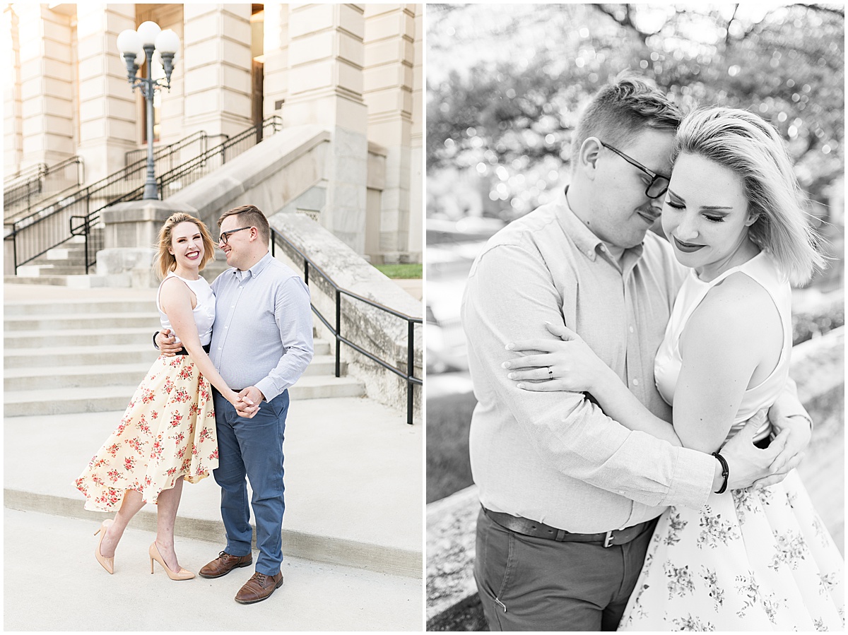 Couple dancing outside courthouse during spring engagement photos in Downtown Lafayette, Indiana