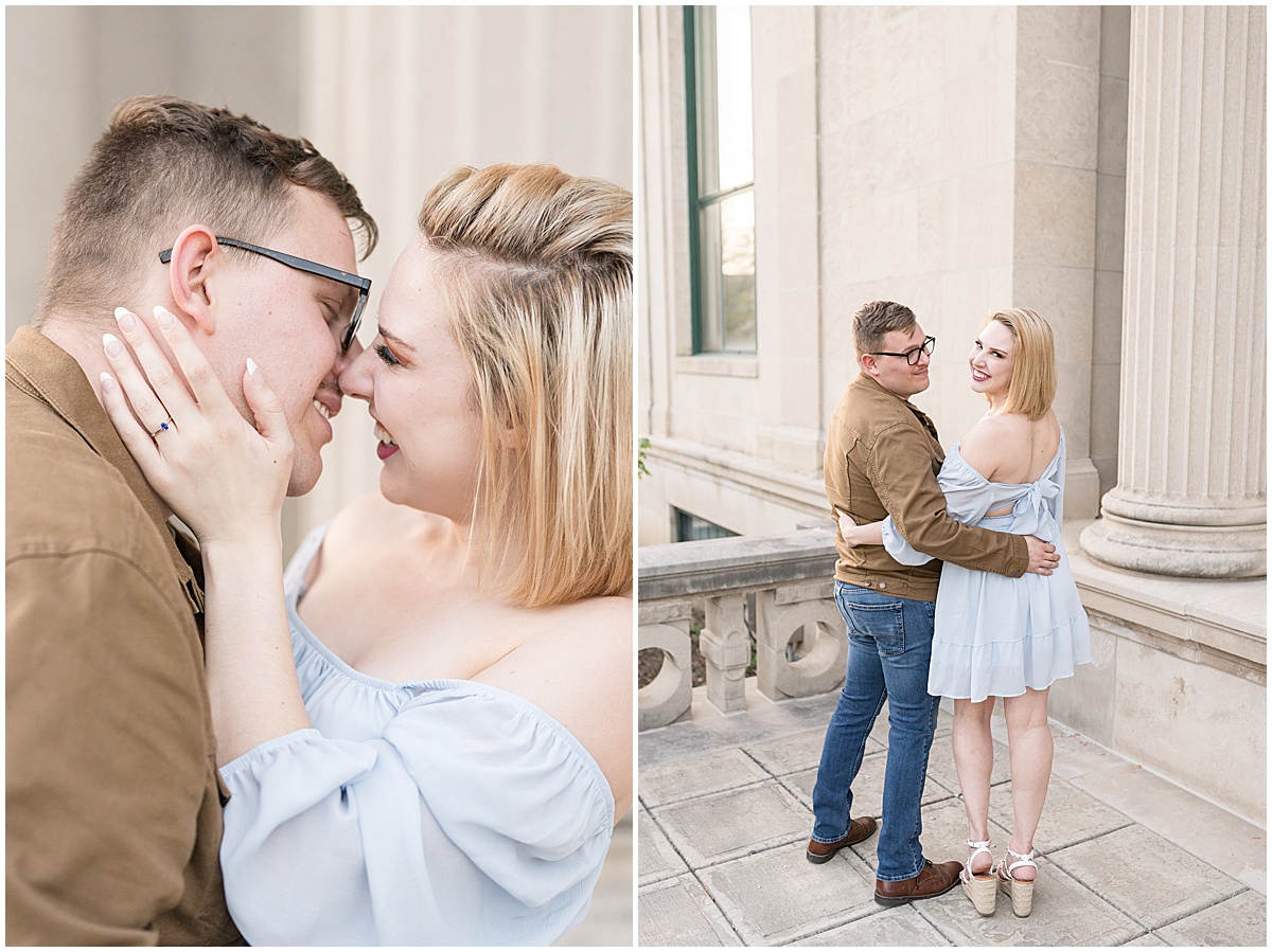 Couple kiss during engagement photos in Downtown Lafayette, Indiana by the Tippecanoe Arts Federation