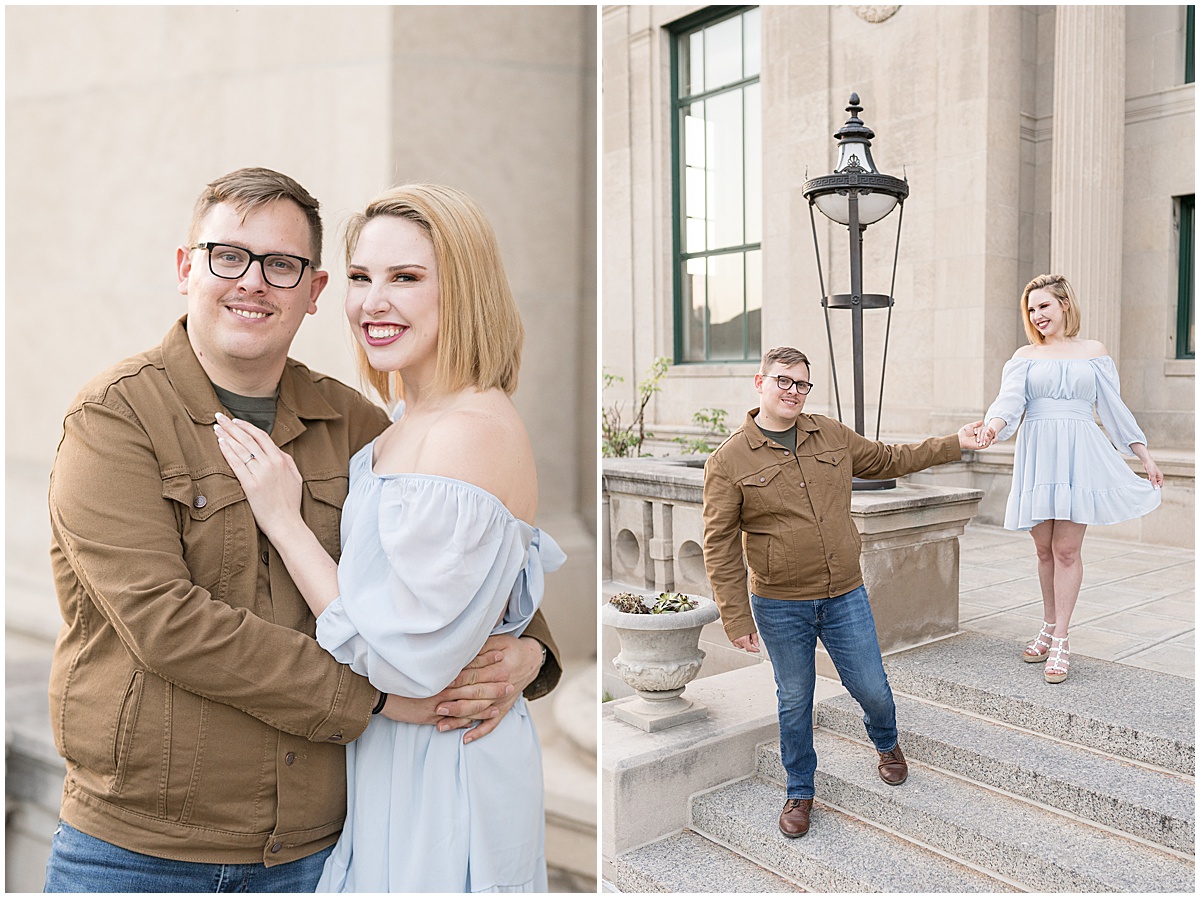 Couple walk down steps during engagement photos in Downtown Lafayette, Indiana by the Tippecanoe Arts Federation