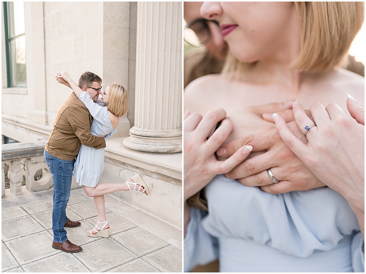 Couple kissing during engagement photos in Downtown Lafayette, Indiana by the Tippecanoe Arts Federation