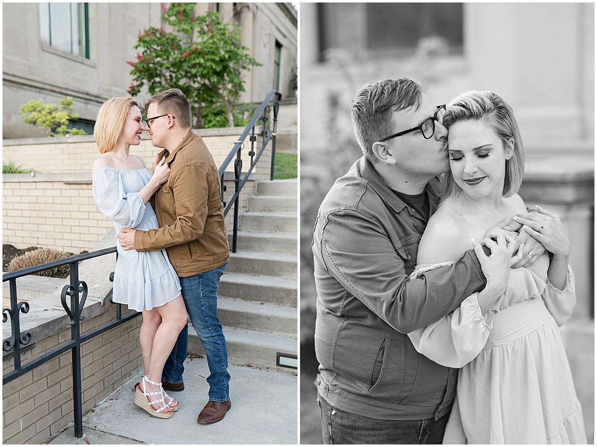 Couple kissing on steps during engagement photos in Downtown Lafayette, Indiana by the Tippecanoe Arts Federation