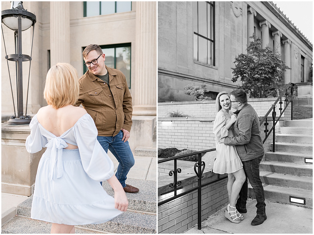 Couple on path during engagement photos in Downtown Lafayette, Indiana by the Tippecanoe Arts Federation