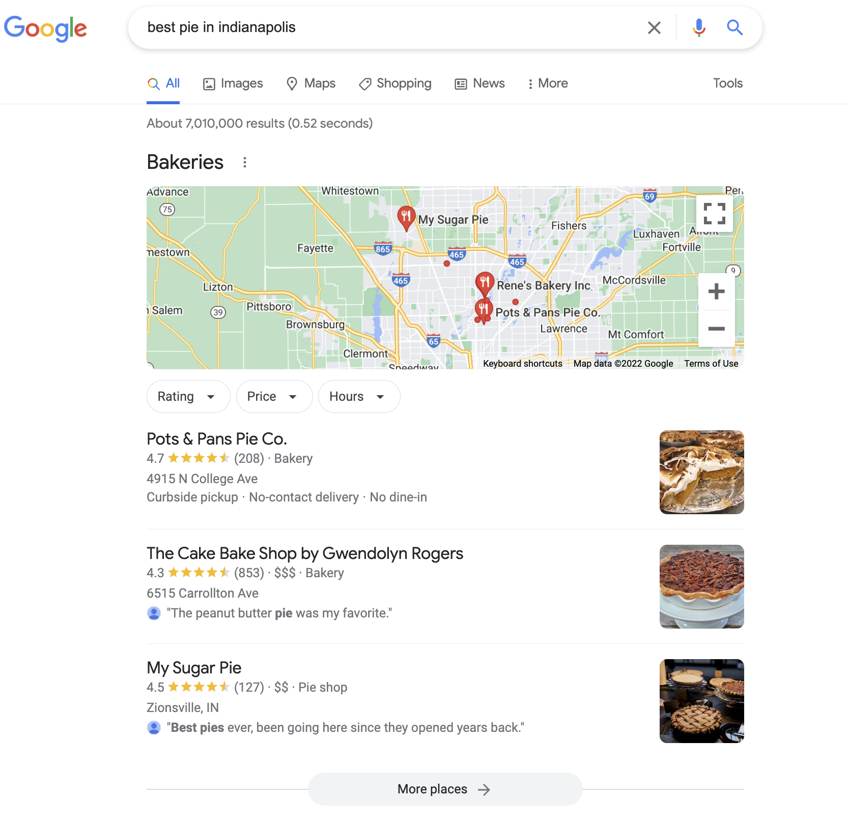 Screenshot of Google Local Pack listing for "best pie in Indianapolis."