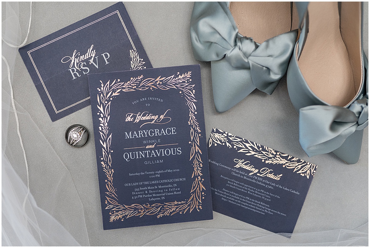 Navy invitation for wedding at The Union Club Hotel at Purdue University