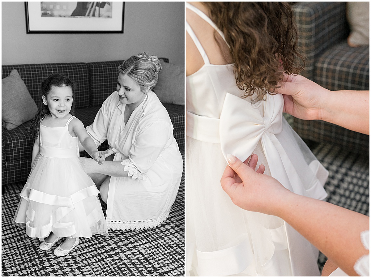Bride helping daughter get ready at The Union Club Hotel at Purdue University