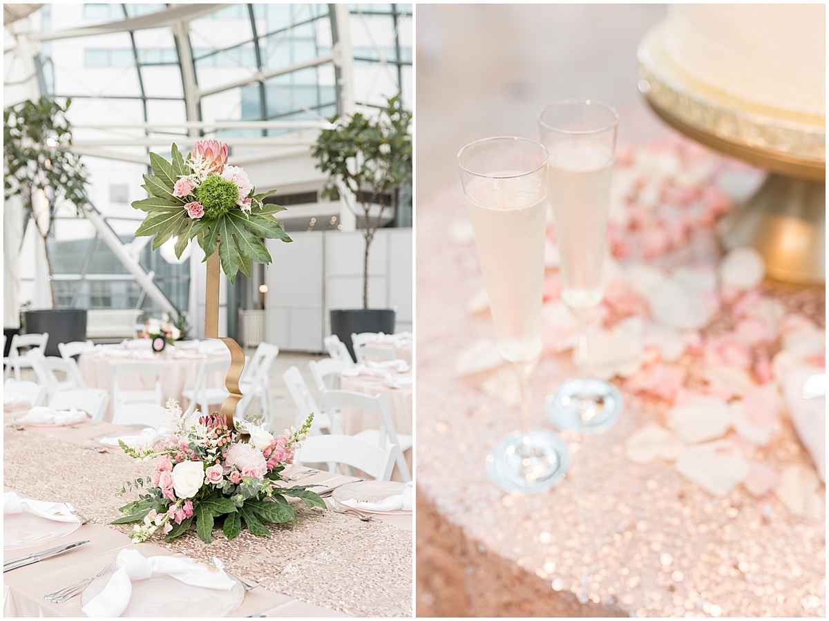 Pink table details at Indianapolis Artsgarden wedding reception