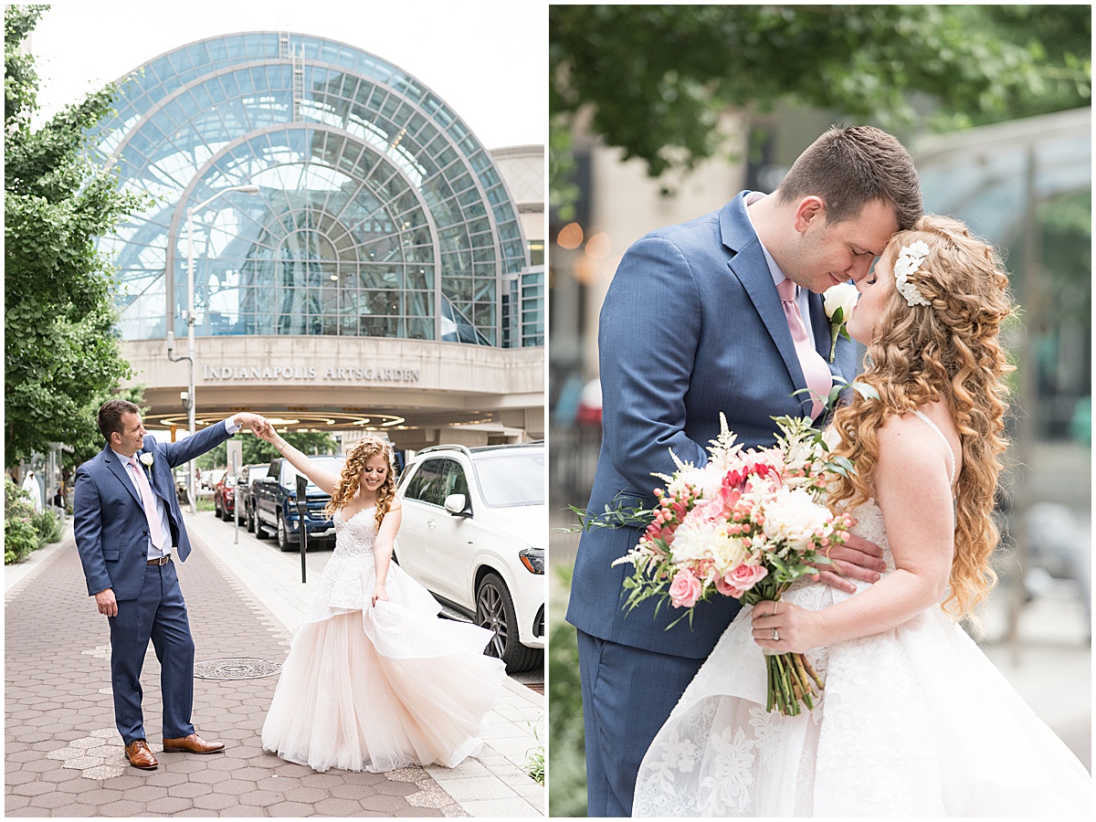 Bride and groom dance outside of Indianapolis Artsgarden in downtown Indianapolis