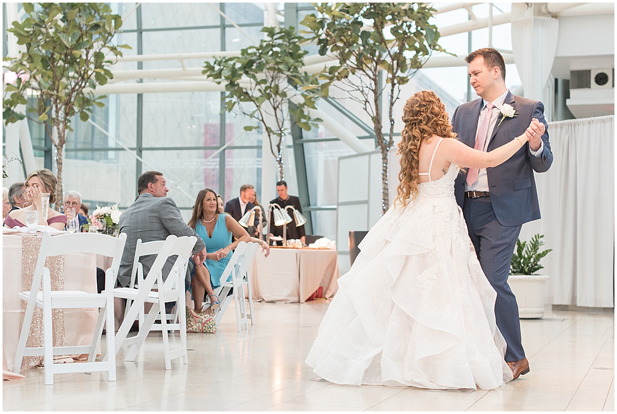 Bride and groom dance at Indianapolis Artsgarden wedding reception