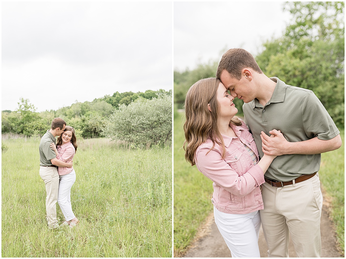 Couple touching foreheads at engagement photos at Fairfield Lakes Park in Lafayette, Indiana