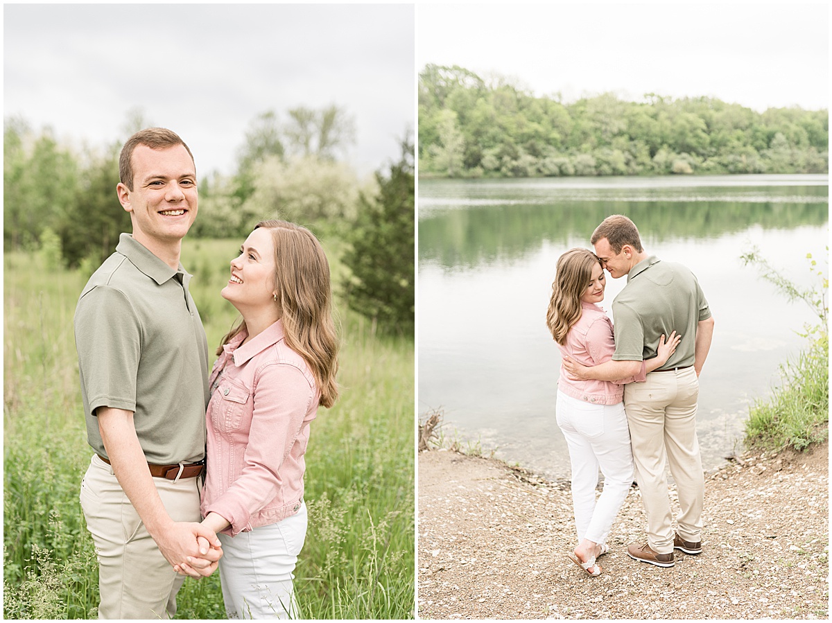 Couple by water during engagement photos at Fairfield Lakes Park in Lafayette, Indiana