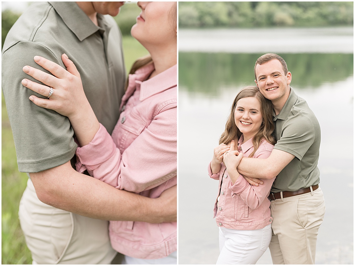 Couple by lake at engagement photos at Fairfield Lakes Park in Lafayette, Indiana