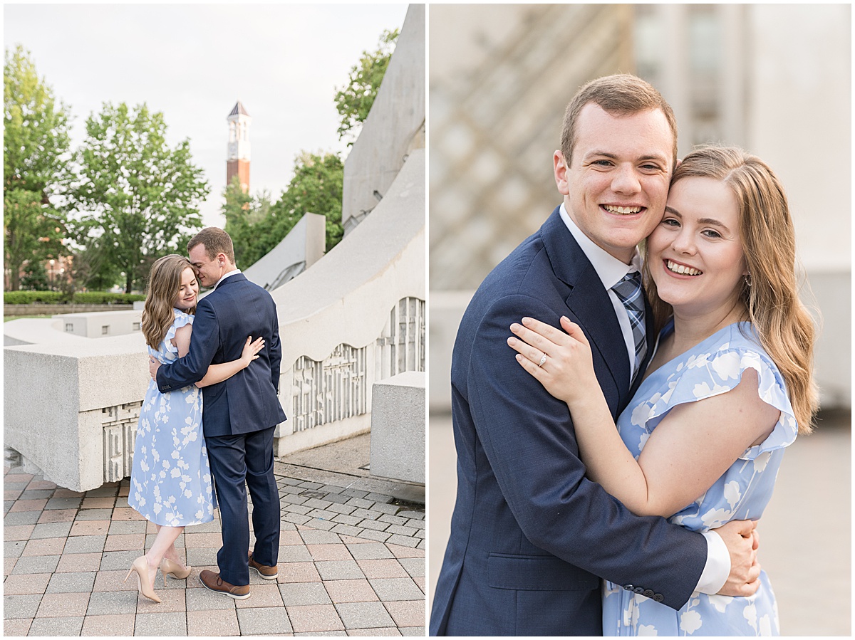 Couple by fountain at Purdue engagement photos
