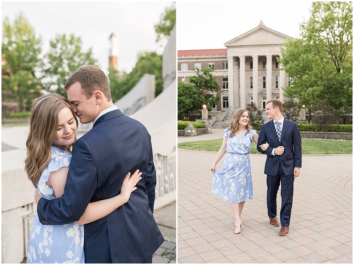 Couple walking by union at Purdue engagement photos