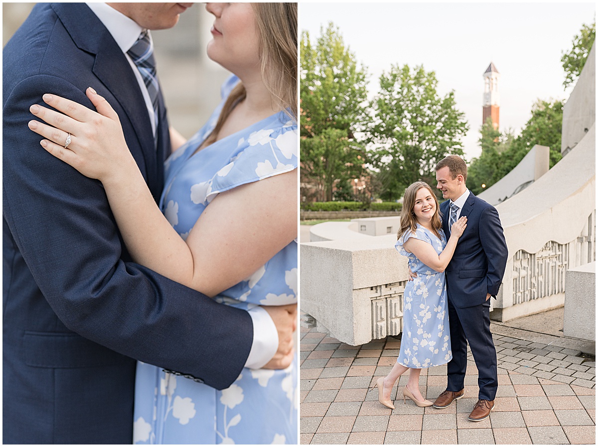 Couple embrace during Purdue engagement photos