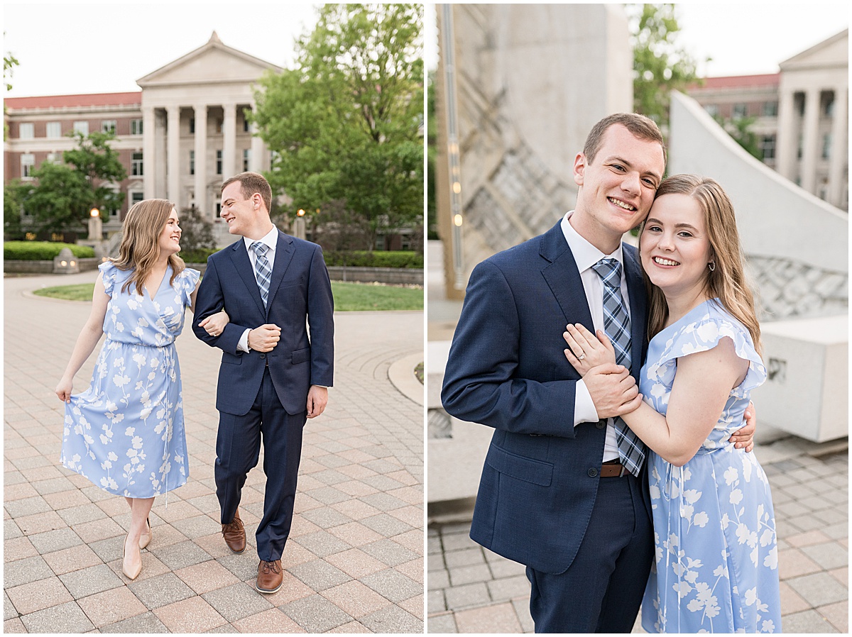 Couple walking through campus during Purdue engagement photos