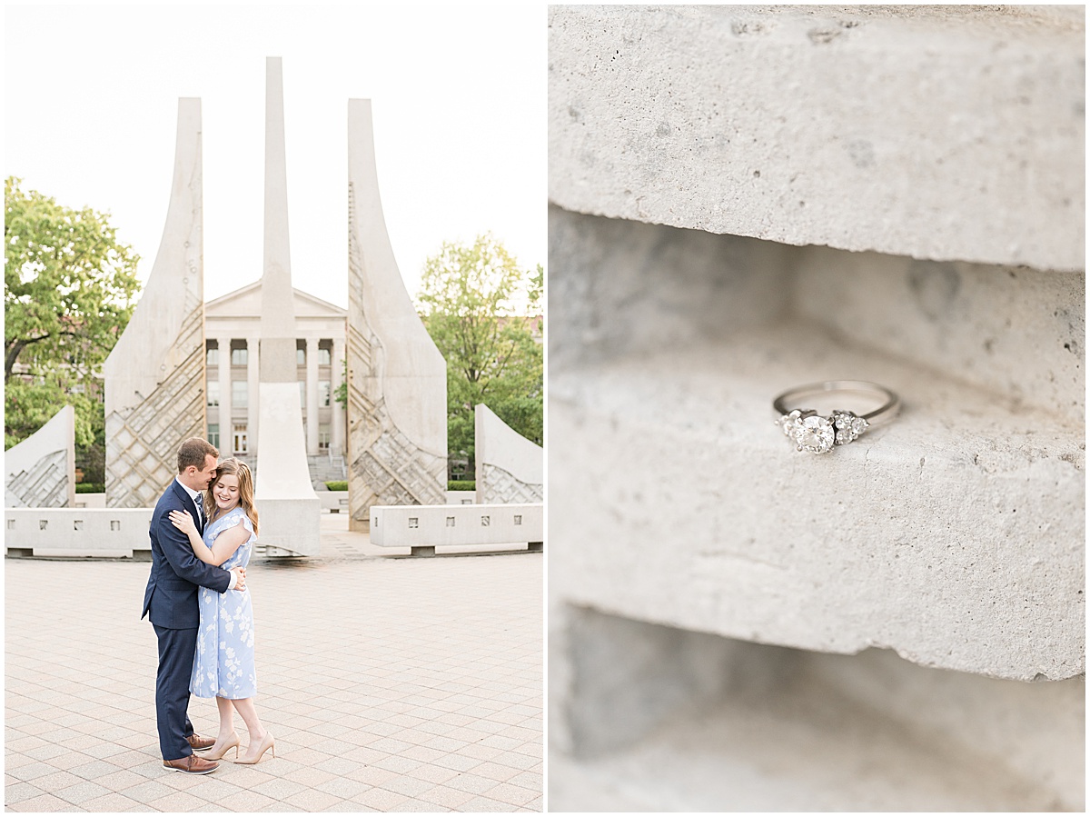 Ring detail by fountain during Purdue engagement photos