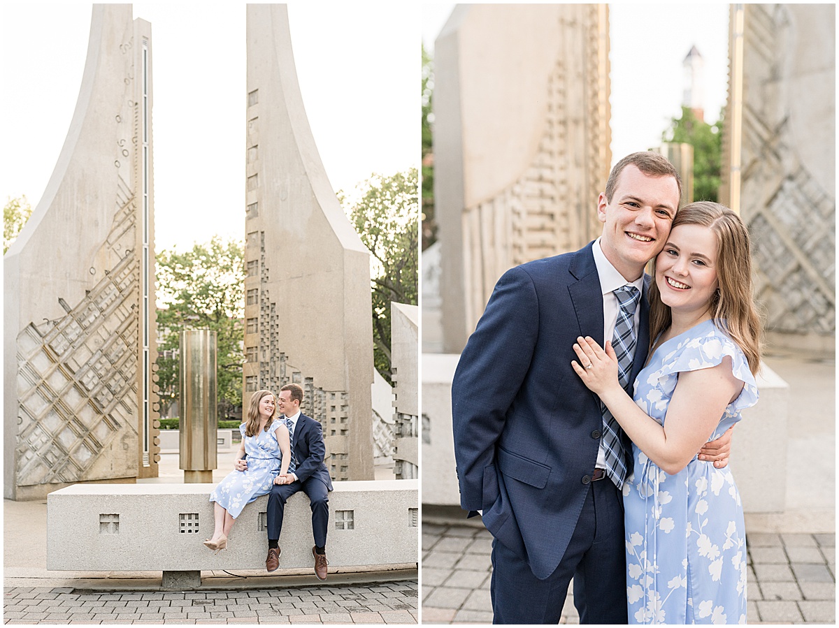 Couple in front of fountain during Purdue engagement photos