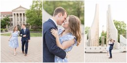 Couple walking in front of fountain at Purdue engagement photos