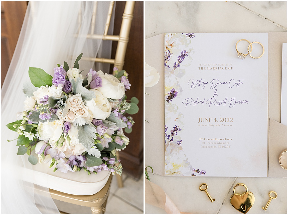 Bouquet and invitation details for wedding at JPS Events in downtown Indianapolis.