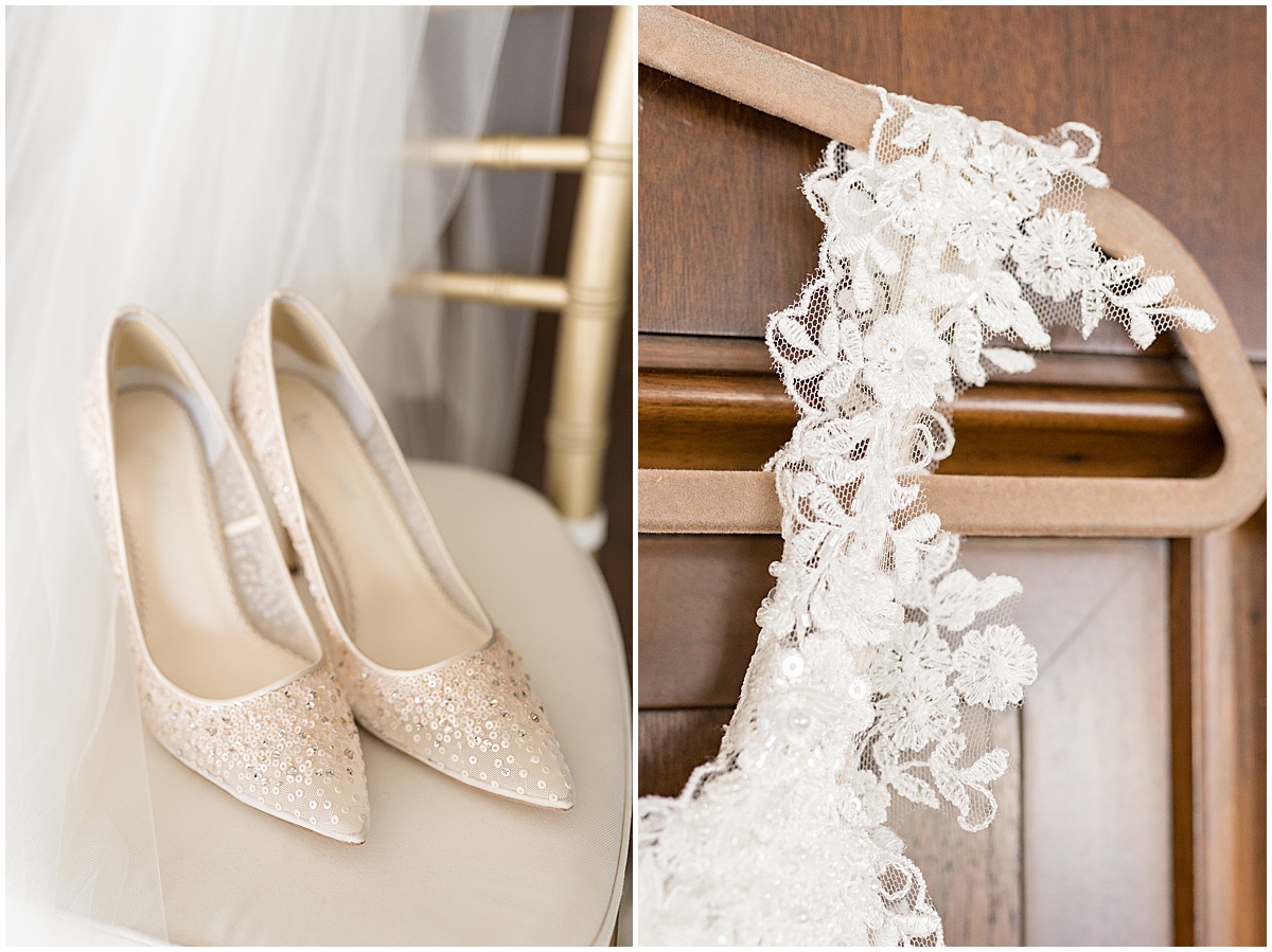 Dress and shoe details for wedding at JPS Events in downtown Indianapolis.