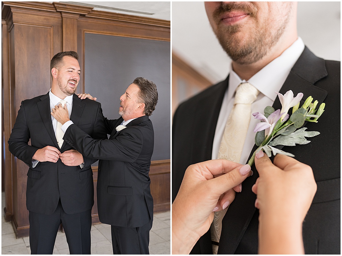 Groom final touches of getting ready for wedding at JPS Events in downtown Indianapolis.