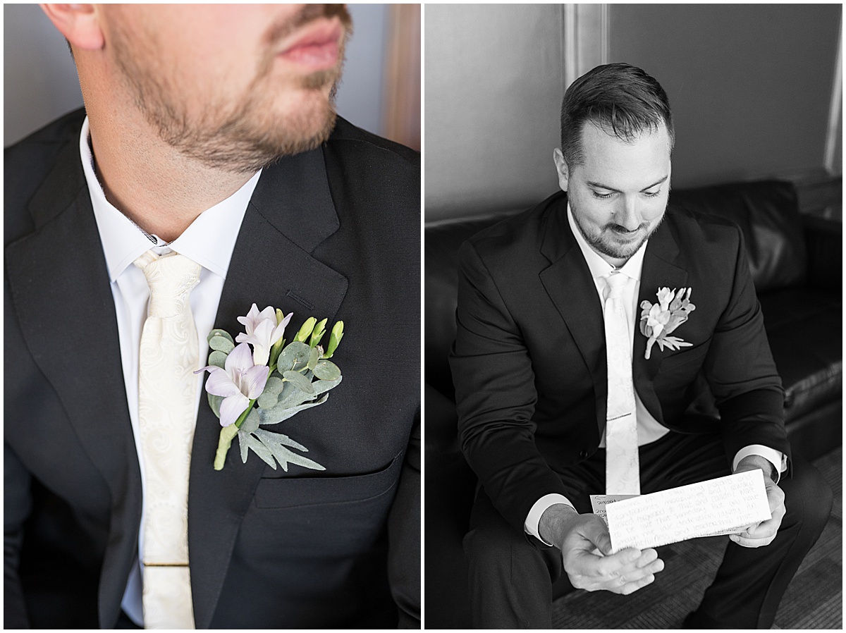 Groom reading note for wedding at JPS Events in downtown Indianapolis.