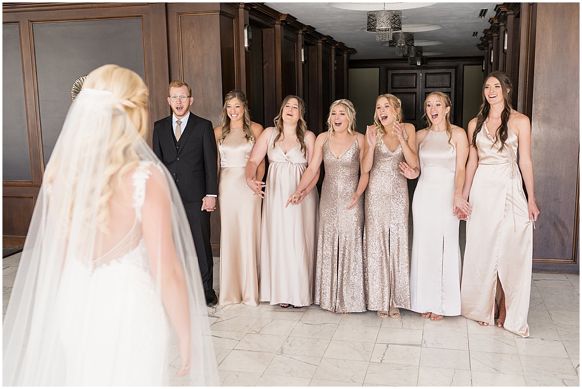 Bridesmaids reactions to bride for wedding at JPS Events in downtown Indianapolis.