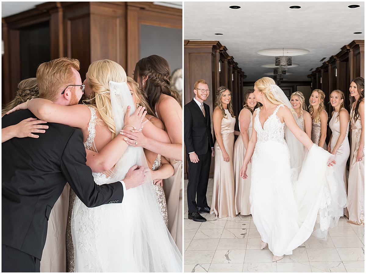 Bridesmaids embrace bride for wedding at JPS Events in downtown Indianapolis.