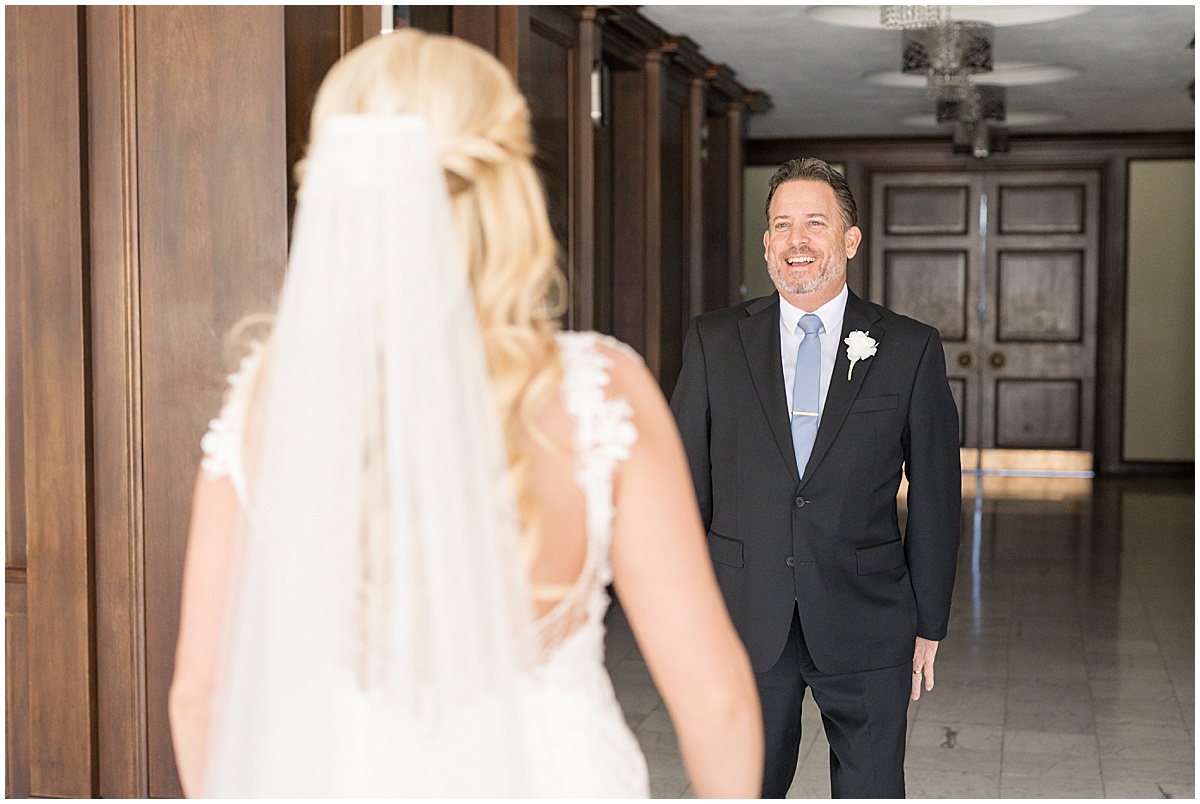 First look with father of the bride for wedding at JPS Events in downtown Indianapolis.