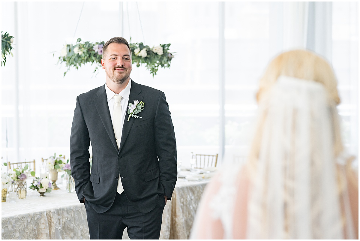 Groom reaction to bride for wedding at JPS Events in downtown Indianapolis.