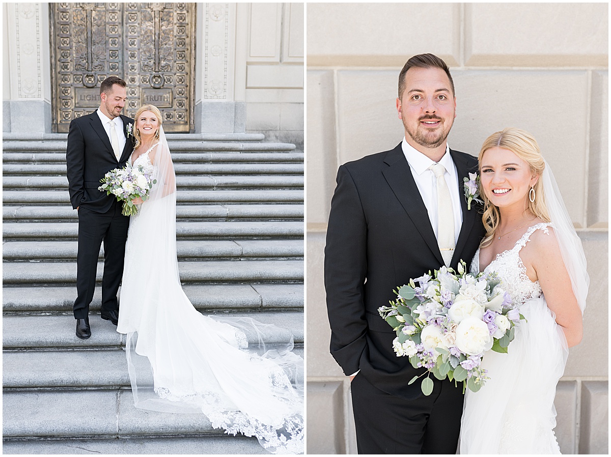 Bride and groom on steps at The Indiana War Memorial in downtown Indianapolis.